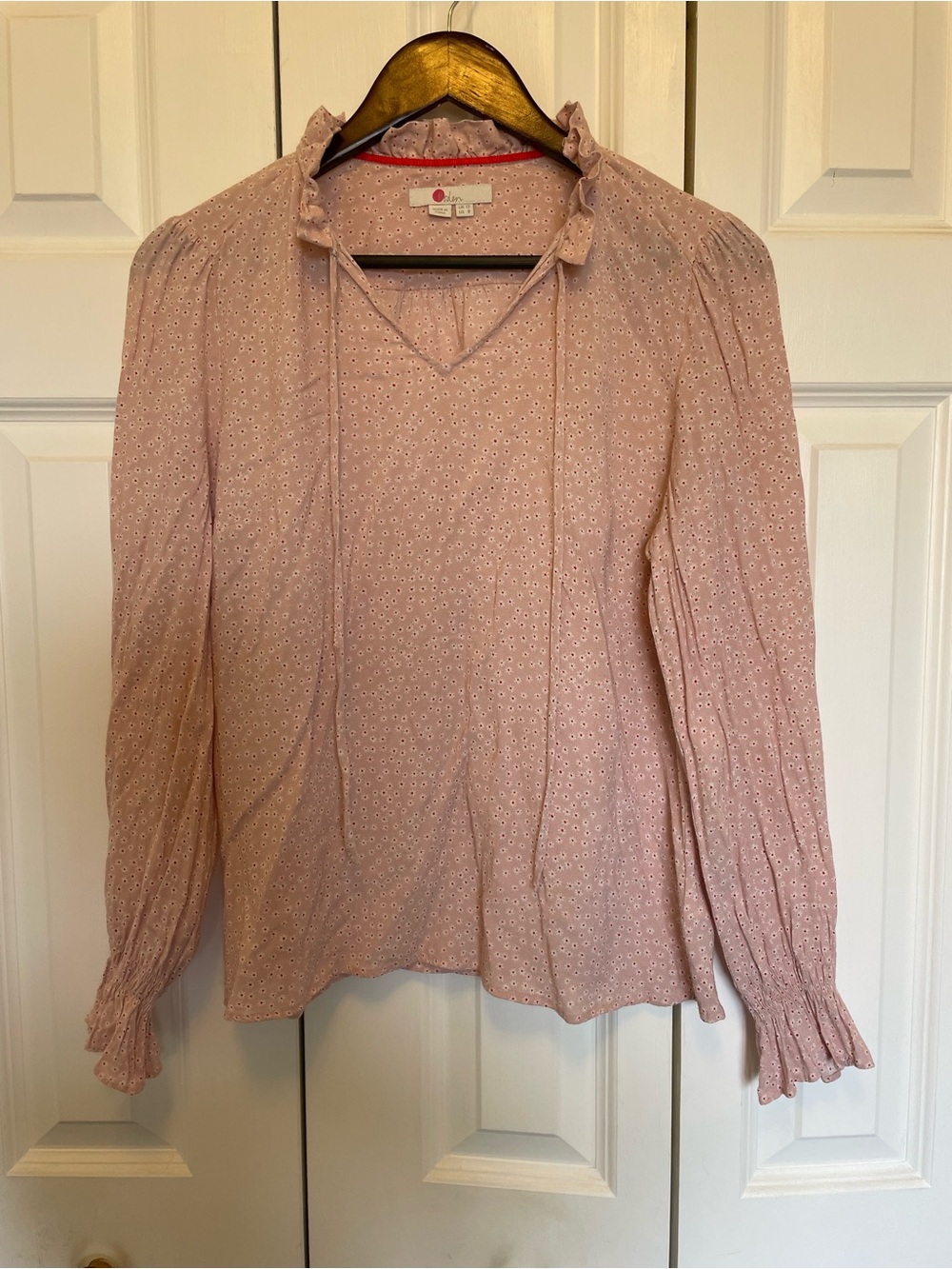 Boden Dusty Rose Eyelet Ruffle Tie-Neck Blouse- US 8